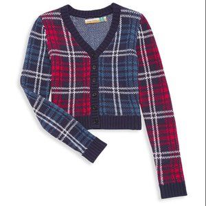Girls Plaid Cardigan Sweater In Red Blue